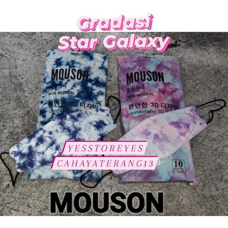 READY MASKER KF94 KF MOUSON GRADASI STAR GALAXY RAINBOW UNGU BIRU BLUE PURPLE TALI HITAM ISI 10 LBR