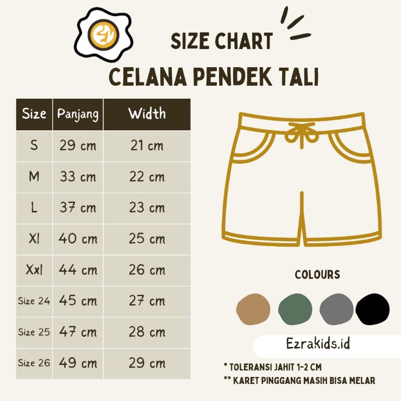 Ezra Kids Celana Chinos Pendek Anak 1-12 Tahun dengan Tali Serut Katun Twill Stretch Melar