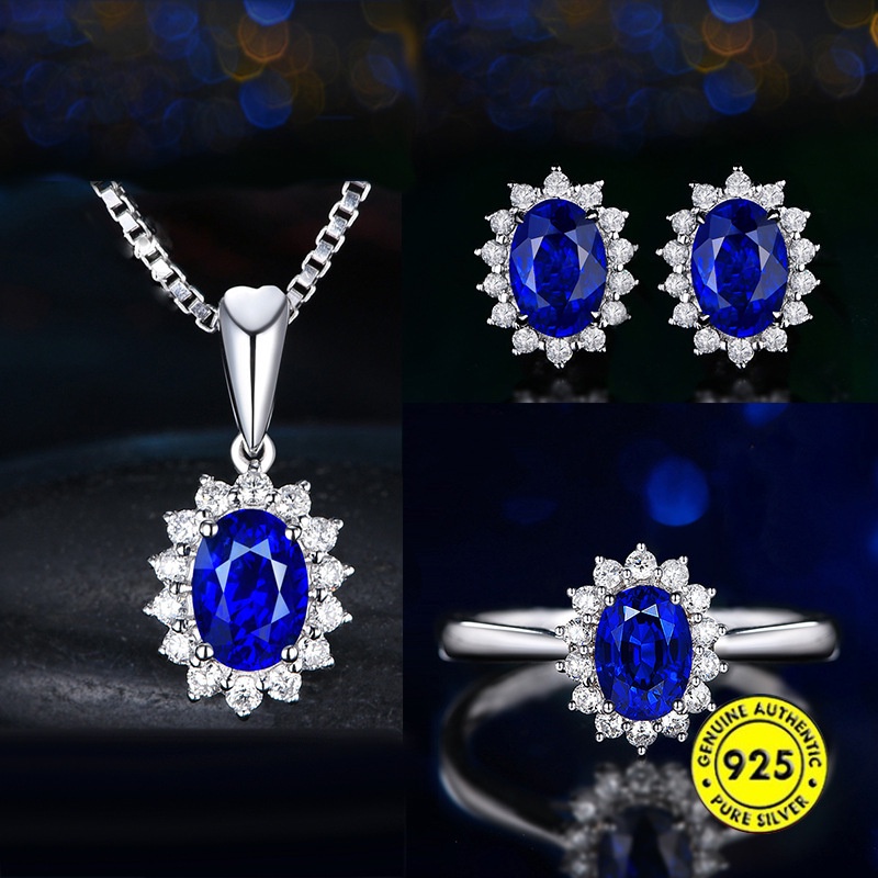 Set Kalung Anting Cincin Full Berlian Sapphire Untuk Wanita