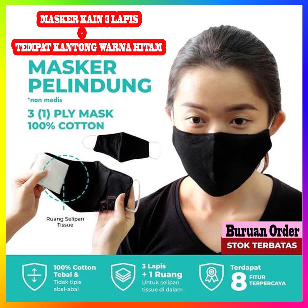 Masker Kain 3 Lapis Polos + Tempat Kantong Warna Hitam Tempat Tissue Masker Kain Earloop 3ply Polos