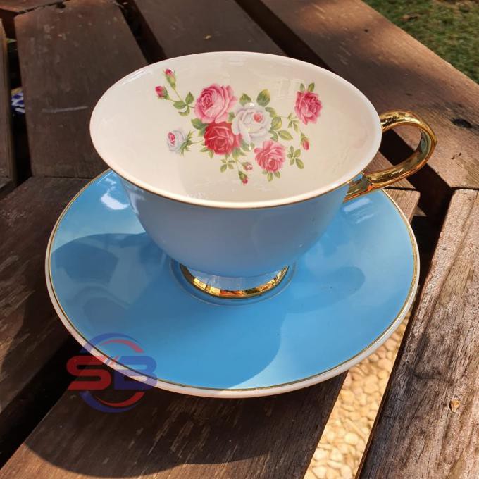 Cangkir Gelas Piring Keramik Cantik Mewah Motif Bunga - Biru Muda