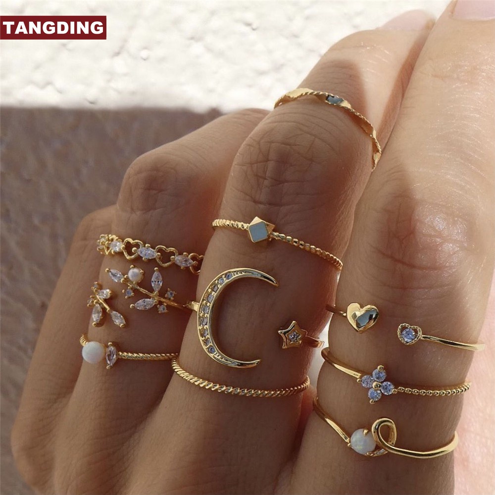 【COD Tangding】10pcs/set Star and Moon Ring Set with Diamond and Pearl Bohemian Ring Set with Jewelry Fashion