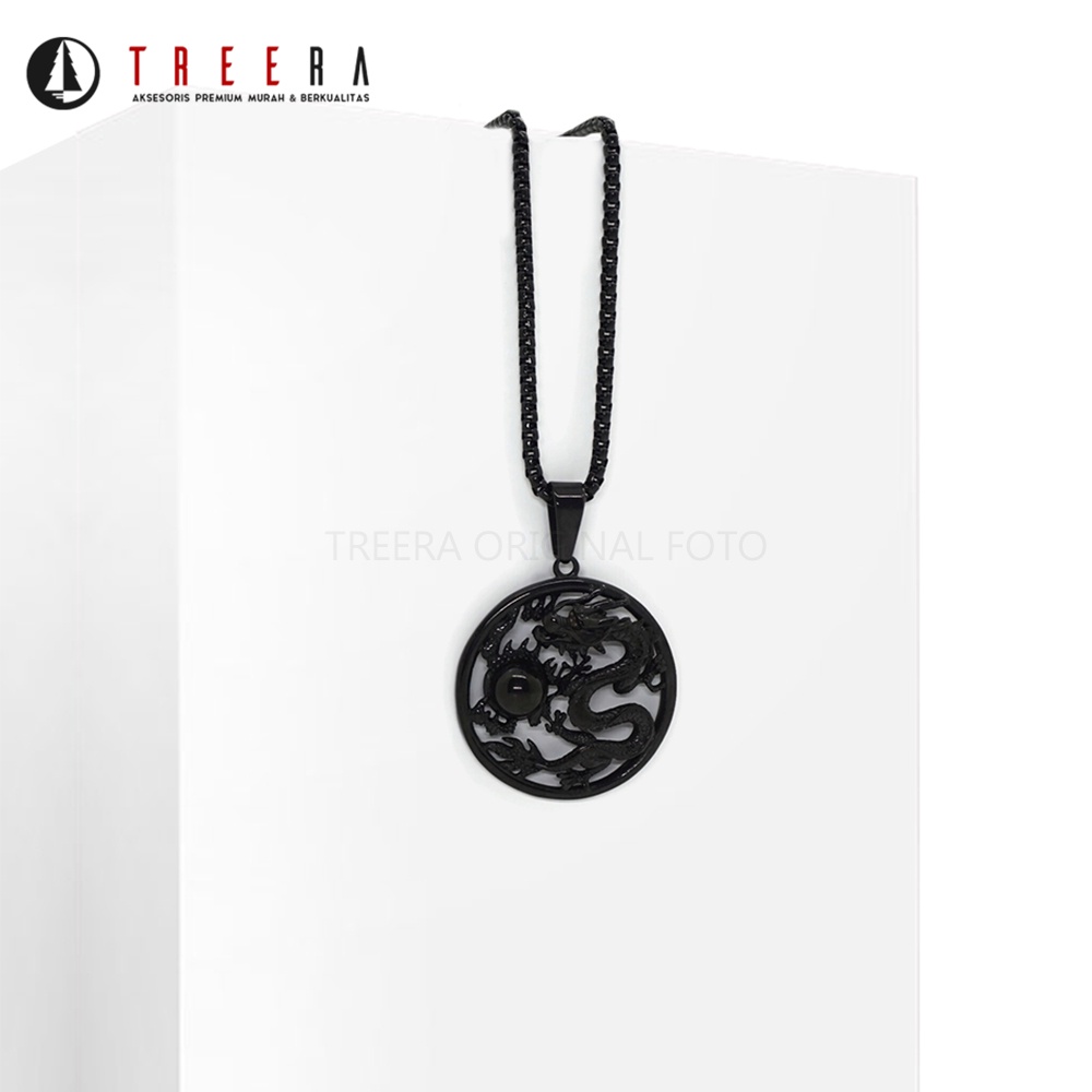 Treera - Kalung Pria Cowok Titanium Hitam Liontin Naga Dragon Original