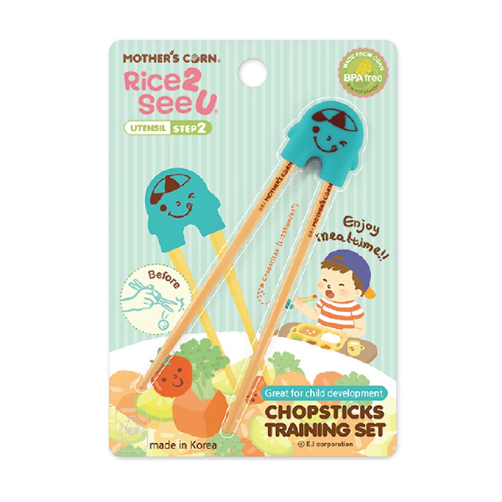 Mother's Corn Rice 2 See U Chopsticks Training Set Sumpit Anak Blue Biru