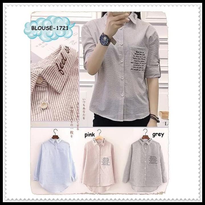 BAJU ATASAN KERJA KEMEJA PINK GARIS BLOUSE WANITA KOREA IMPORT TUNIK