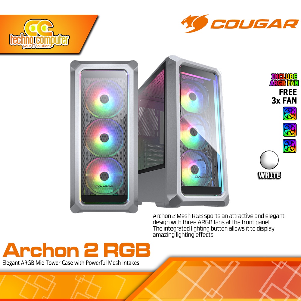 CASING COUGAR ARCHON 2 RGB White - ATX Case With Tempered Glass (Free 3x ARGB Fan)
