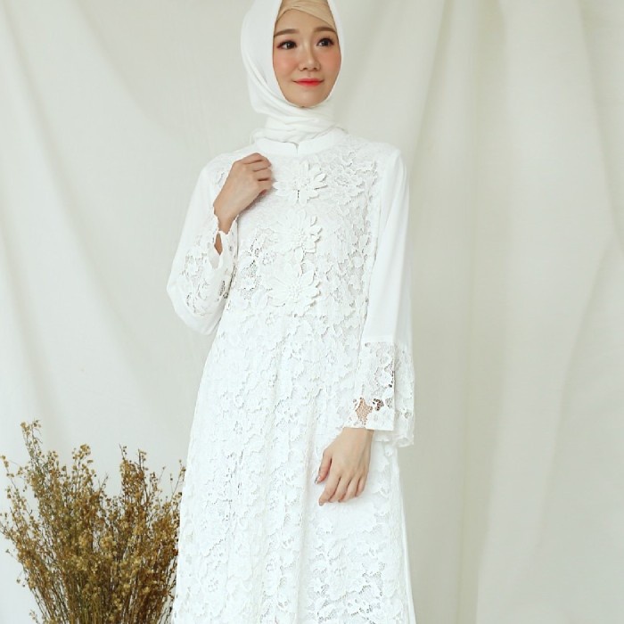 PREMIUM GAMIS BRUKAT IMPOR PUTIH / BAJU MUSLIM / DRESS MUSLIM PUTIH #241 - PUTIH TULANG, XXL