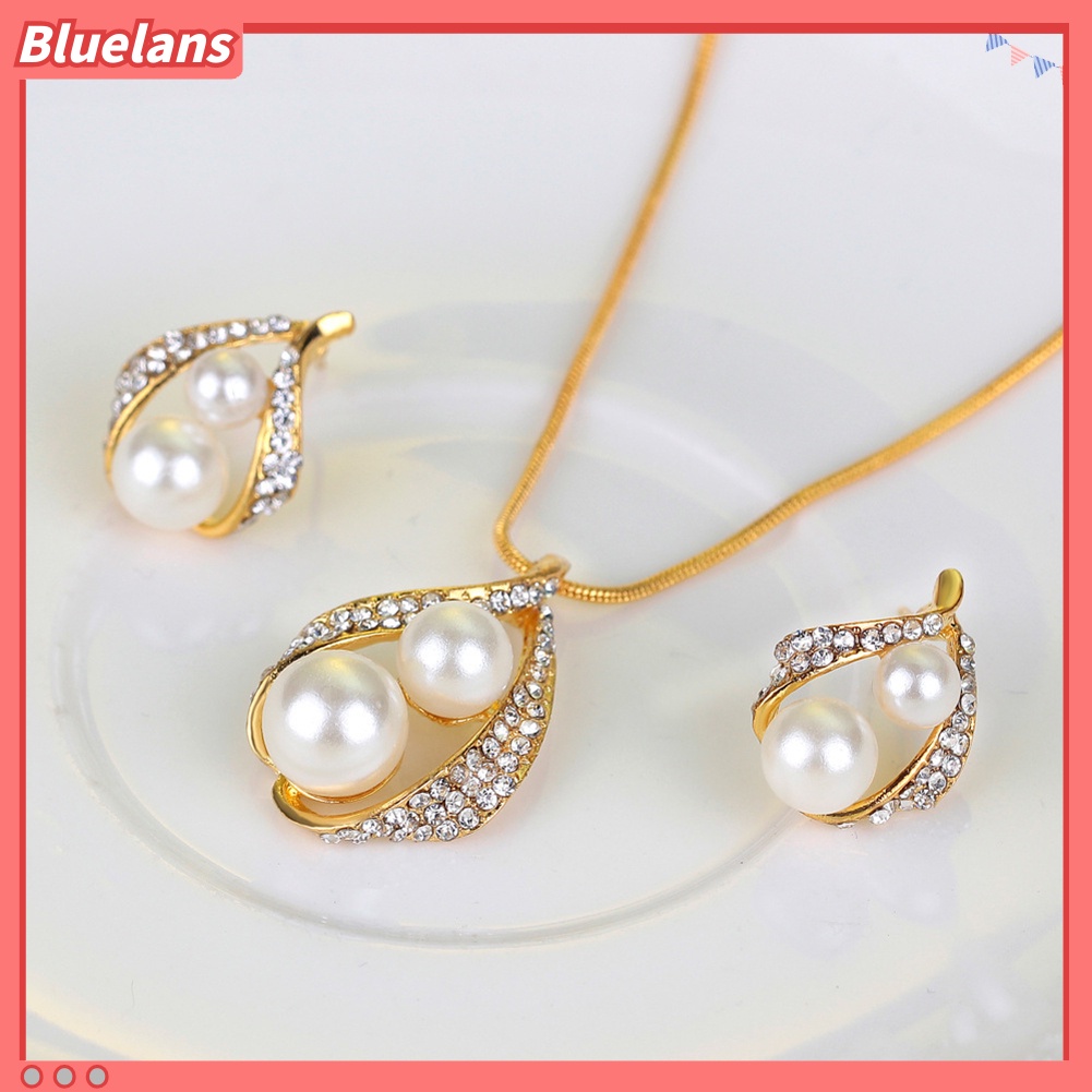 Bluelans Wedding Bridal Imitation Pearl Rhinestone Hollow Stud Earrings Ring Necklace Set