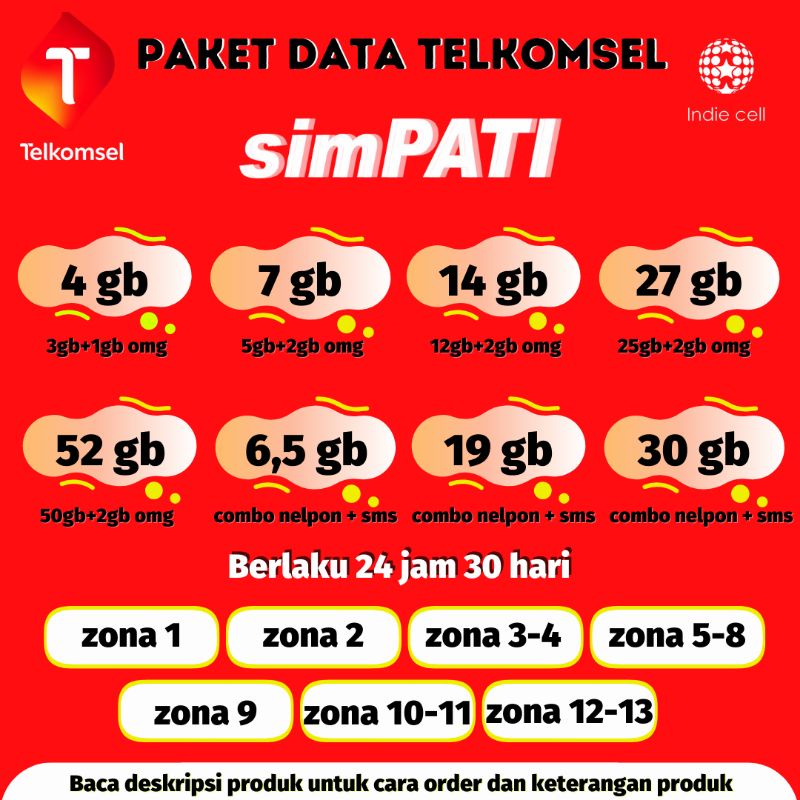PAKET DATA TELKOMSEL SIMPATI 4GB/7GB/14GB/27GB/52GB/6,5GB/19GB/30GB 24 JAM - 30 HARI