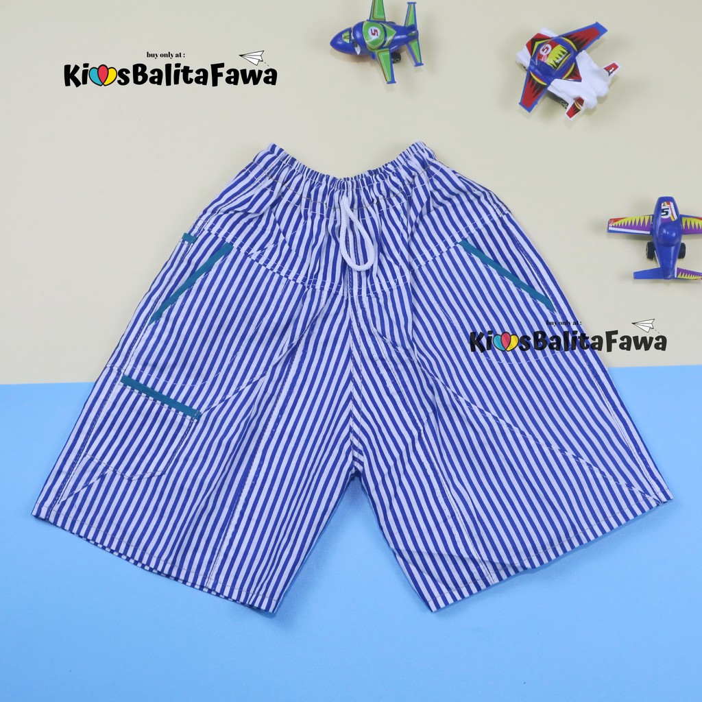 Celana Salur Biru uk 3-4 Tahun / Anak Laki Bawahan Cowok Adem Katun Murah Grosir Pants Hawai Main