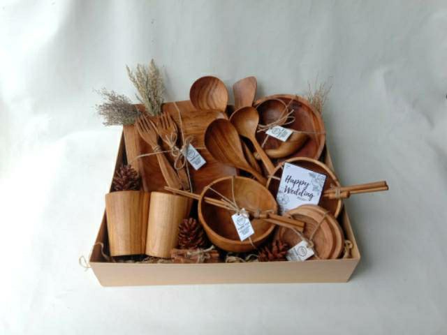 Piring Kayu Dinner Set Wadah Saji Makanan Properti Foto Produk Sendok Garpu Mangkok Nampan Tray Kayu