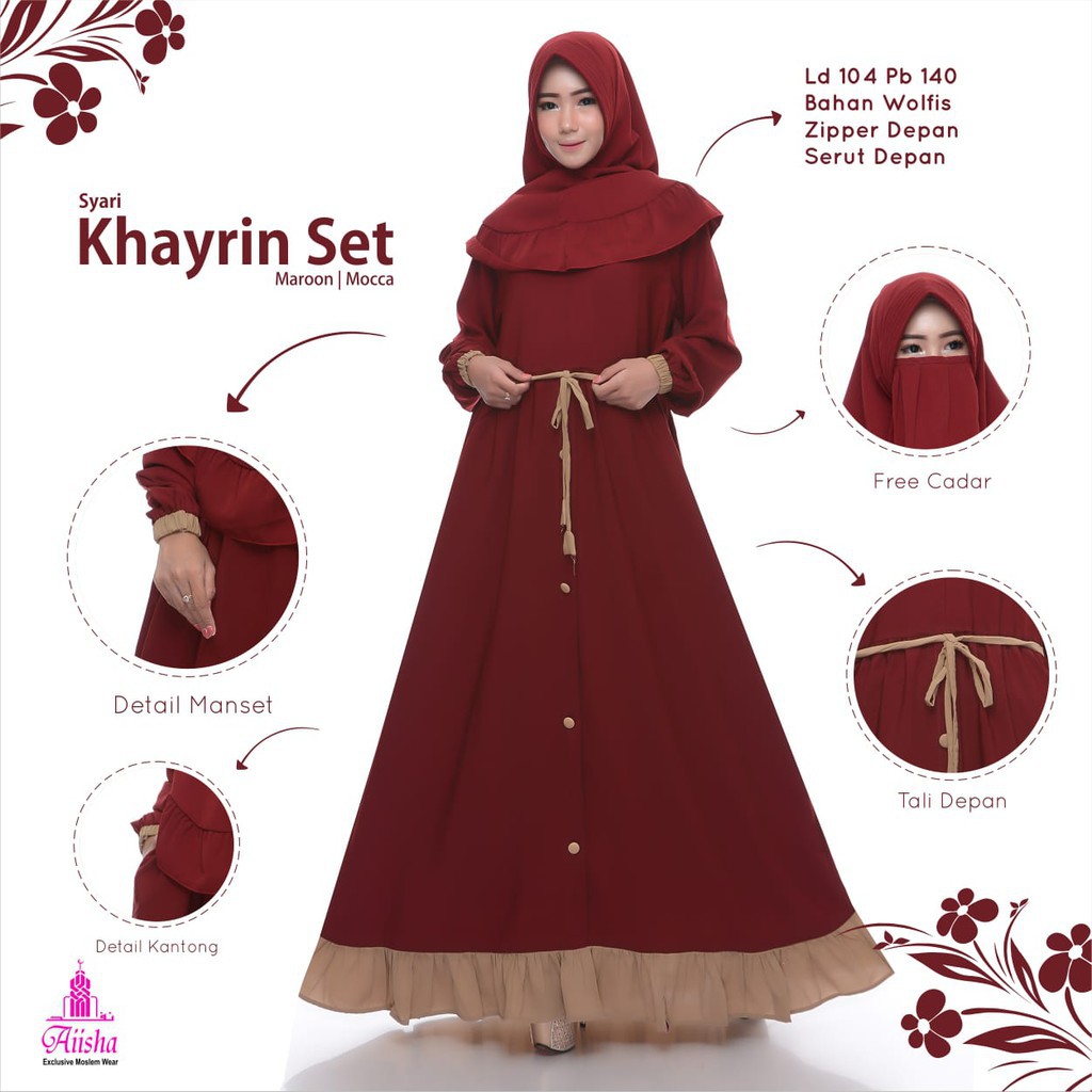 KHAYRIN - DRESS GAMIS SYARI FREE CADAR SET JILBAB BAJU PAKAIAN PESTA WANITA PEREMPUAN CEWEK BY AISHA