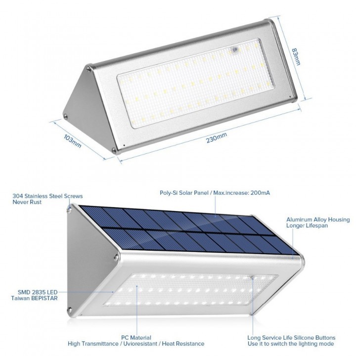 HBT-1609 - 800 Lumens Motion Sensor 48 LED Solar Lamp Light