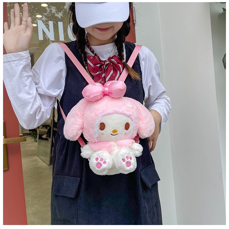 Ransel BULU Mainan Mewah Anime Sanrioed Kartun My Melody Kawaii Lucu Lolita Boneka Plushie Tas Penyimpanan Boneka Lembut Hadiah Ulang Tahun Anak Perempuan