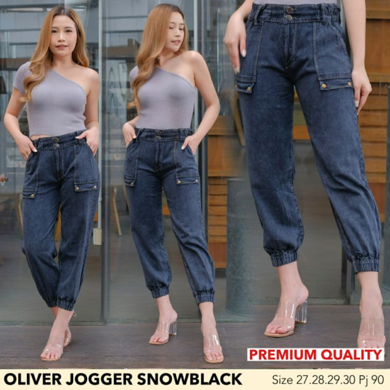 Olive Jogger Jeans Panjang Wanita - Saku Pocket