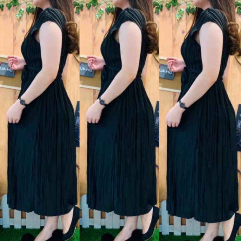Long Dress Wanita Plisket Tanpa Lengan/Dress Viral 2023/Dress Wanita/Pakaian Wanita/Dress Terlaris-1