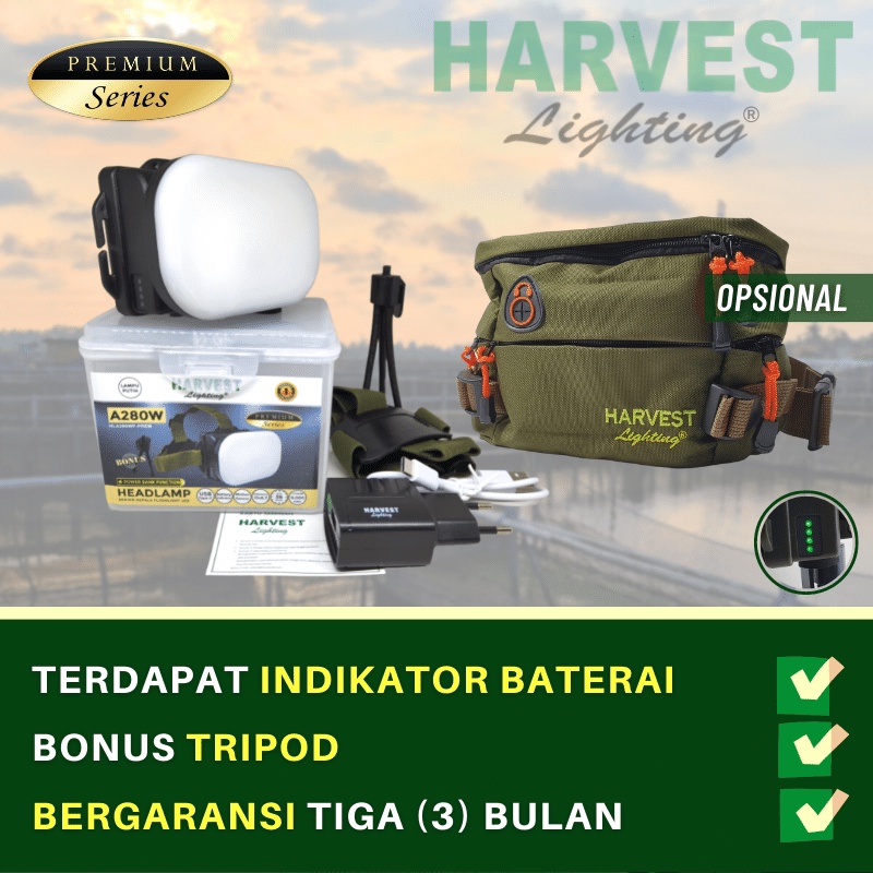 A280W HARVEST LIGHTING Senter Kepala LED Super Terang FLOODLIGHT  - Paket Isi 3 -  Headlamp PREMIUM Lampu Emergency Travel Tambang Hunting Rechargeable Original Bergaransi