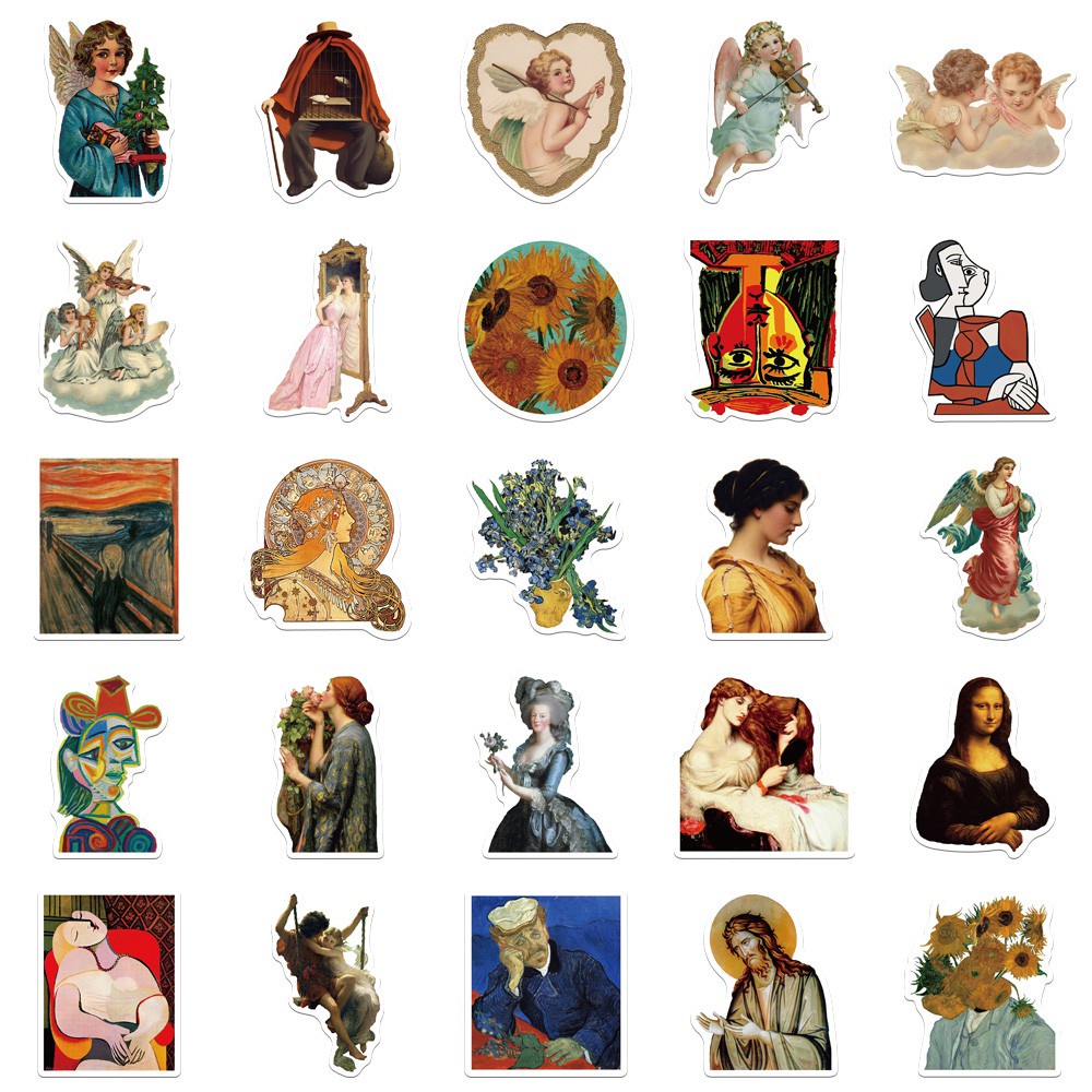 50PCS Famous painting stickers Van Gogh Oil Painting Pattern Mona Lisa world masterpiece cool laptop decoration sticker