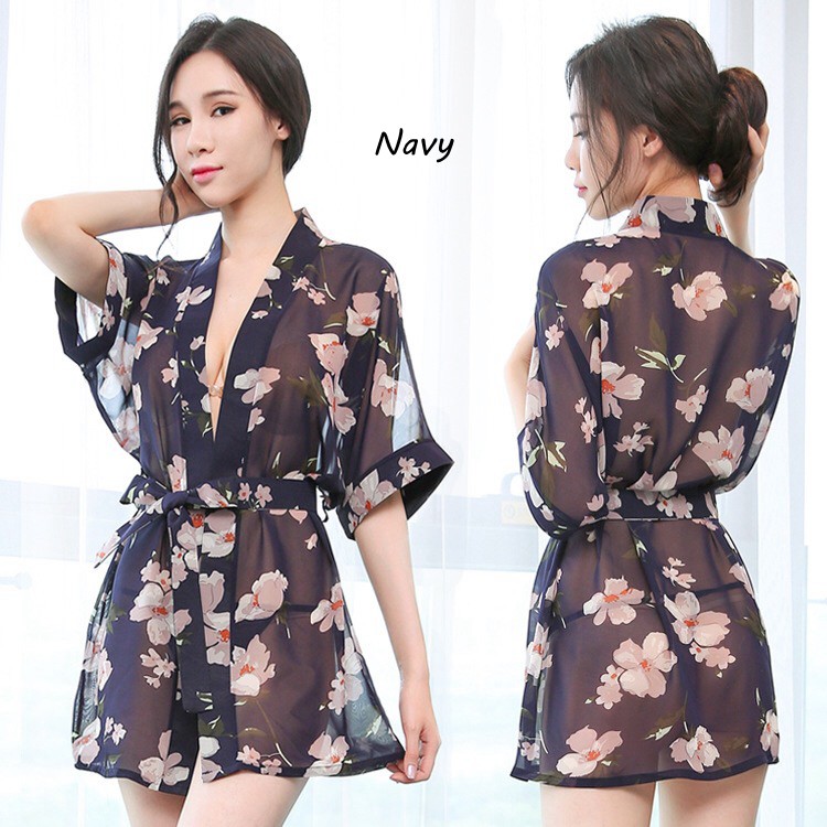 kimono Wanita piyama Set transparan sexy G String kain sifon dicetak A187