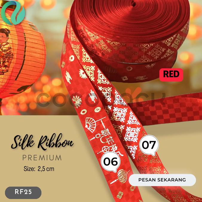 

populer] Pita Kain Imlek Satin Premium Silk Ribbon Red Gold 10 Yard
