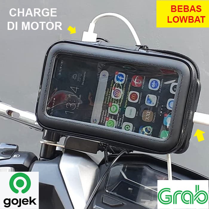 Holder Sepeda Motor Holder Spion Waterproof +USB Charge 5.5&quot; L