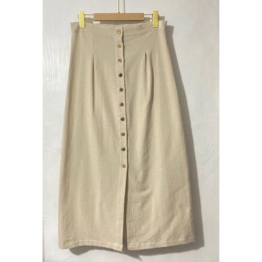 ROK SPAN LINEN BAWAHAN PANJANG WANITA KOREA STYLE KERJA KANTOR KASUAL CASUAL ROK SPAN BELAH TENGAH SKIRT WANITA KANCING TENGAH DEPAN-Cream