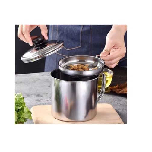 (COD) Mug &amp; Saringan Minyak/Oil Pot Stainlees 12cm filter 3 IN 1 Oil Pot Wadah Saringan Minyak Stainless Steel 1.3L / Gelas Saringan Minyak / Tempat Saringan Minyak Anti Karat Premium | Stainless Steel Kitchen Oil Pot MURAH