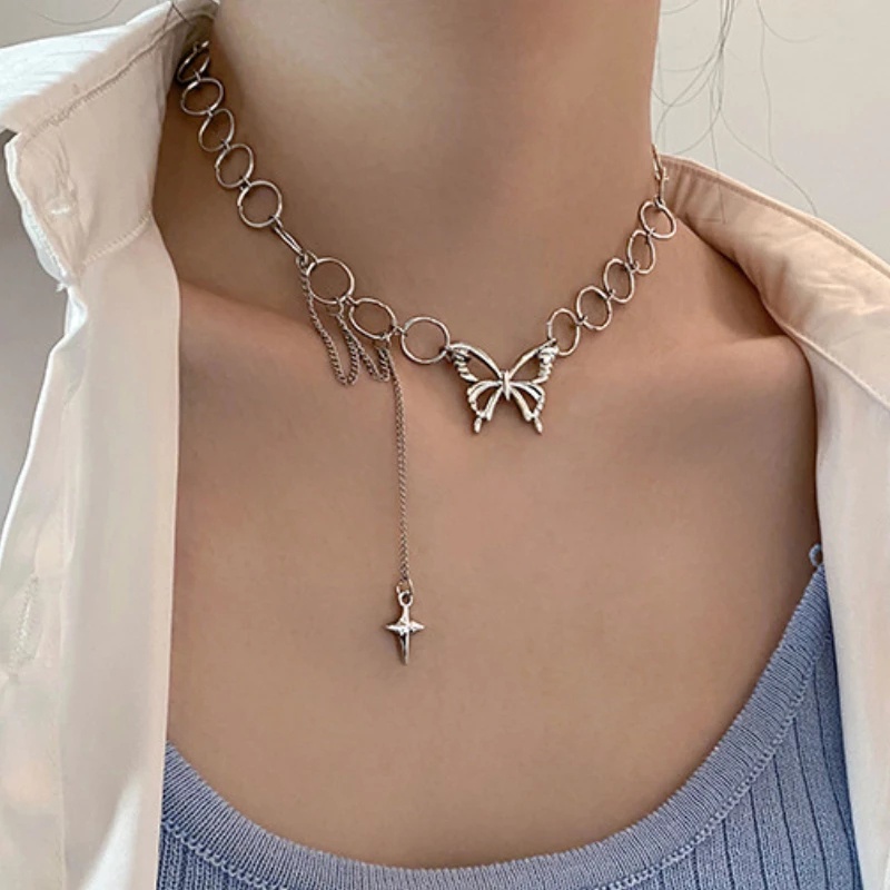 Kalung Choker Rantai Rumbai Desain Kupu-Kupu Gaya Hip Hop Punk Untuk Wanita