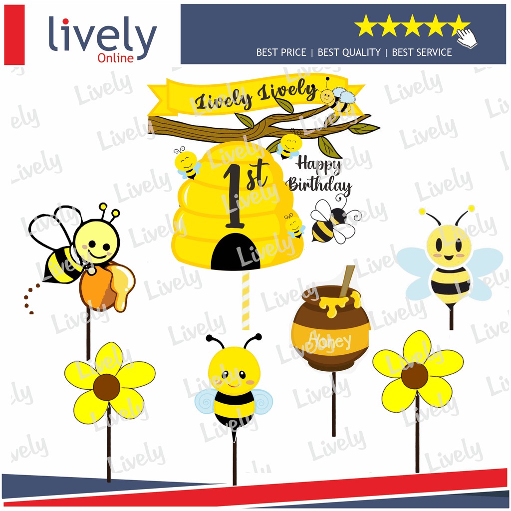 CUSTOM NAMA CAKE TOPPER KARAKTER HONEY BEE HIASAN KUE ULANG TAHUN HAPPY BIRTHDAY