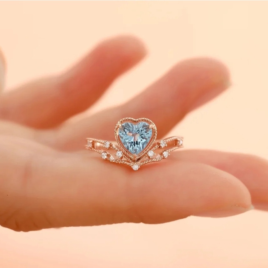 Cincin Silver S925 Hias Kristal Berlian Aquamarine Warna Rose Gold Untuk Wanita