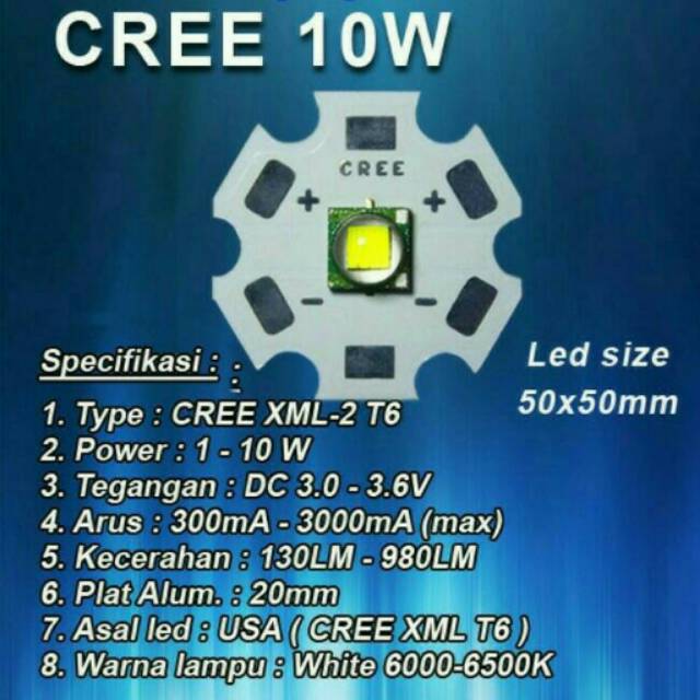 HPL 10W Hight Power Led CREE Xml U2 T6 10 Watt Suku Cadang Spare Part Lampu senter police Sorot volt