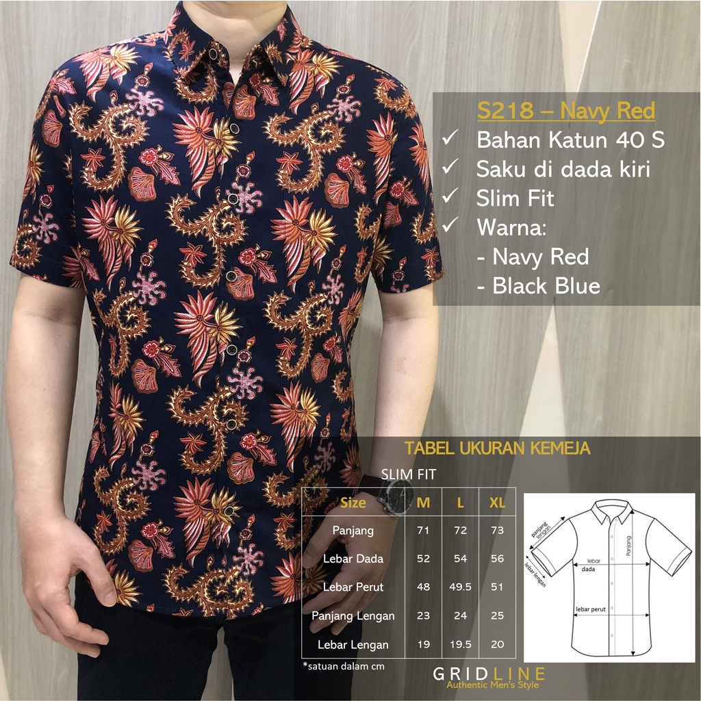 [GRIDLINE - S218 Black Blue &amp; Navy Red] Kemeja Batik Slimfit Pria Katun Lengan Pendek Simpel M-XL