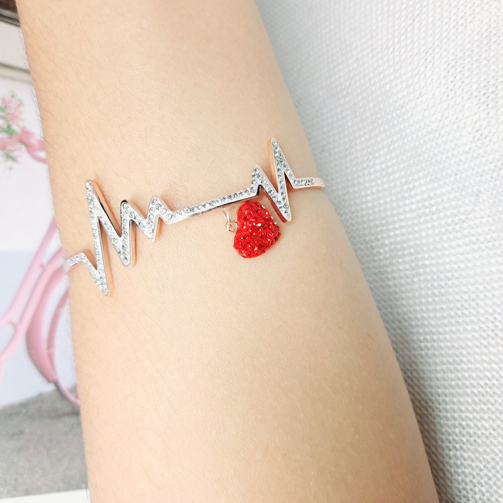 Gelang Titanium Bangle Detak Jantung Love Permata Merah Rose Gold - BB542