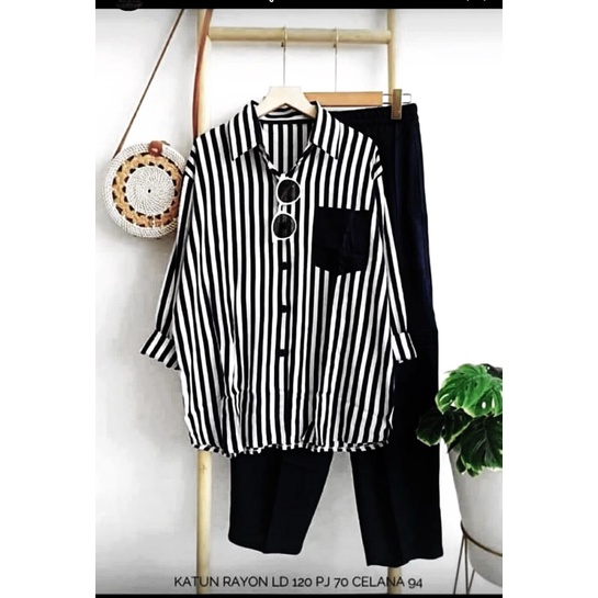 One set Import premium setelan wanita|Setcel Motif Salur Rayon Premium Import|Setelan Kemeja