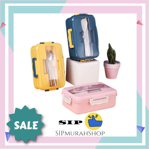 Lunch box 3 Warna PP Jerami Gandum 1000 ml Lunch Box With Free sendok+ sumpit /  Plastik lunch box tempat makan Anti Tumpah 1000 ML kotak makan With Free Sendok BPA Free