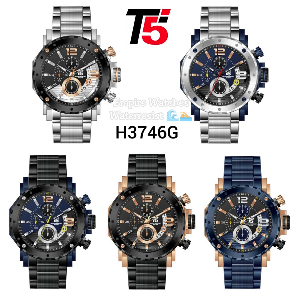 Jam Tangan T5 H3746G 3746 H3746 Pria Cowok Analog Chrono dan Tanggal Aktif Rantai Stainless Original