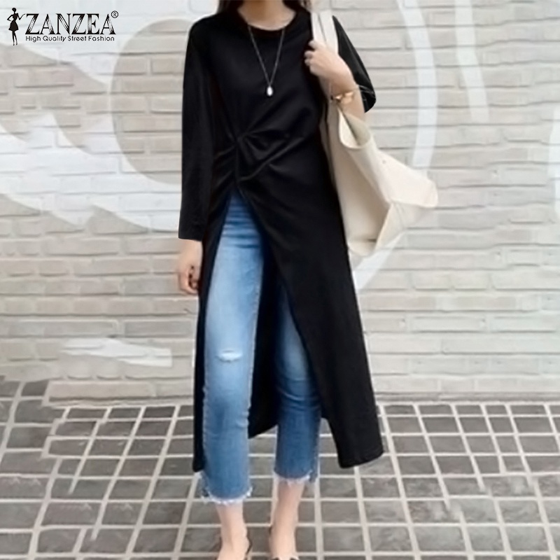 ZANZEA Womens Pleated Side Split Long Sleeve Casual Shirt O-Neck Irregular Long T-Shirt