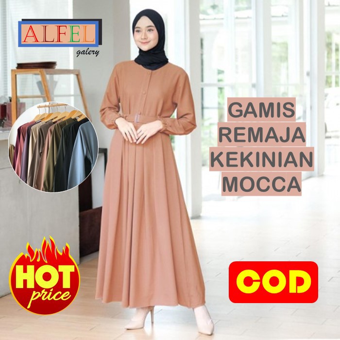 Baju Gamis Terbaru Kondangan Remaja Wanita Kekinian Modern Murah Syari Polos Warna Coklat Muda Mokka