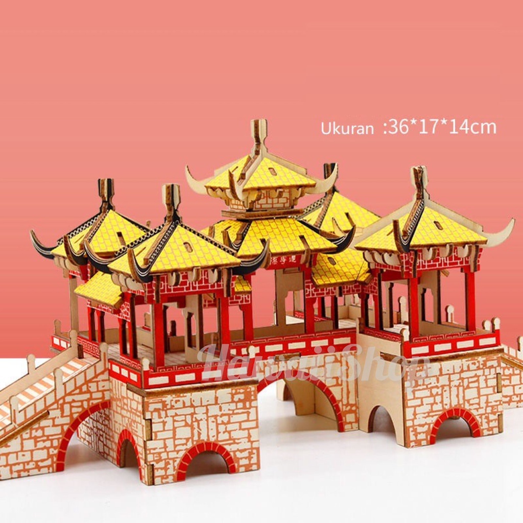 Puzzle 3D DIY bahan kayu tempat wisata china wuting bridge mainan puzzle edukasi anak (kado