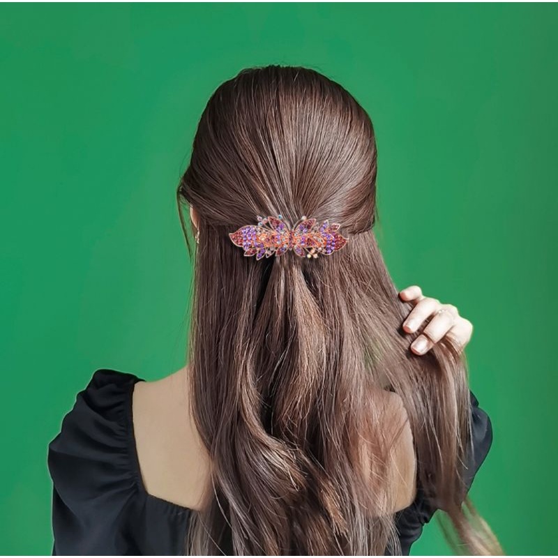 Jepit Rambut Otomatis Korea 9cm Elegan Jedai Besi Alloy Jepit Ponytail PREMIUM Kristal Mutiara Rhinestone Elegant Barrette Hair Clip