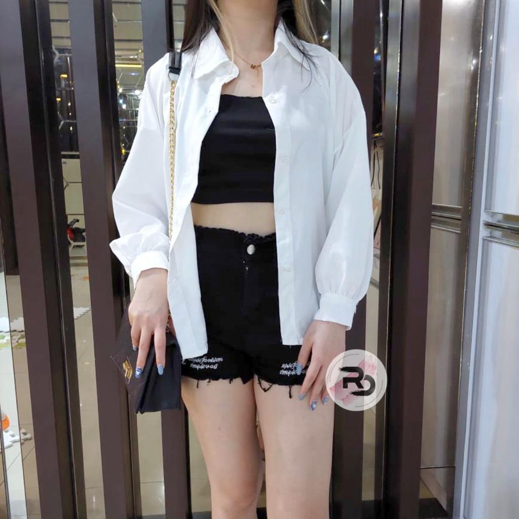 RD FASHION Kemeja Oslin Oversize | Kemeja Korea Jumbo Wanita | Bahan Creap - Fit to L-POLOS PUTIH
