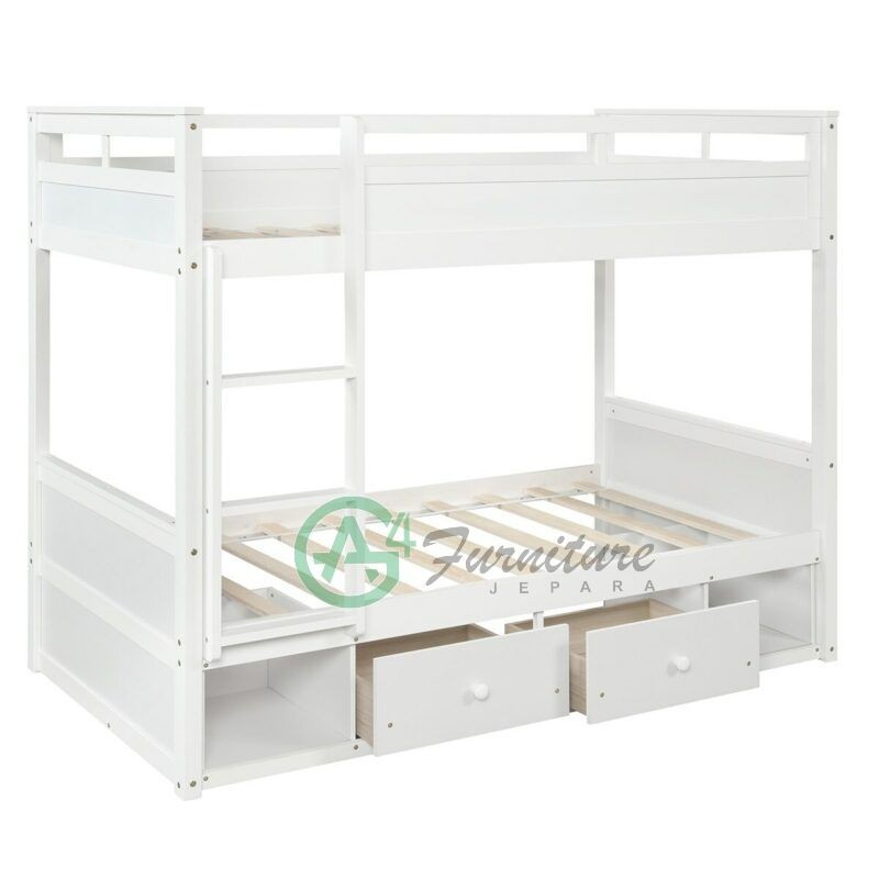 Ranjang Tingkat Minimalis Harper Duco Putih - Kayu Mahoni