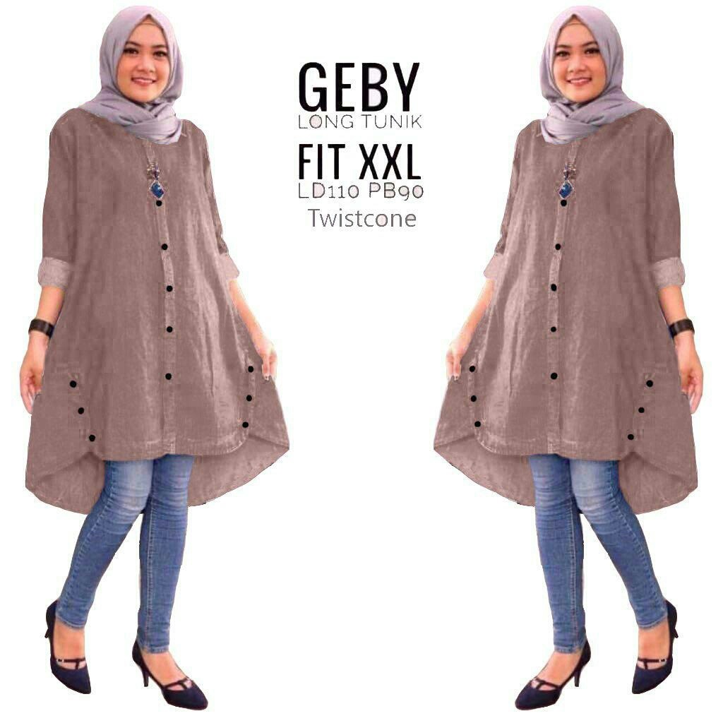 TUNIK GEBY - Baju Tunik Wanita bahan Balotely Lengan Panjang / Baju Tunik Kancing depan Hidup Model 