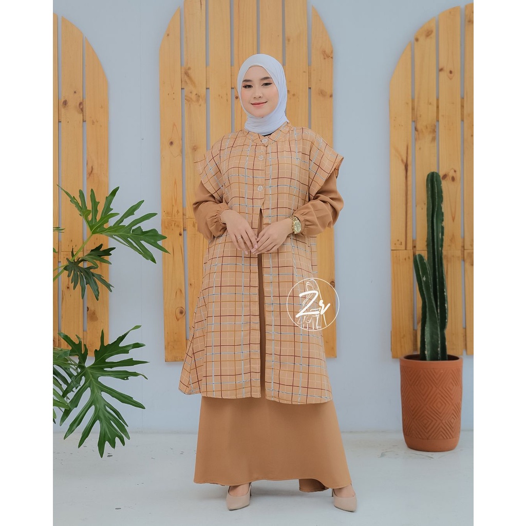 Gamis set outer klarissa ori zr lebaran series motif kotak kotak cantik elegant korea style