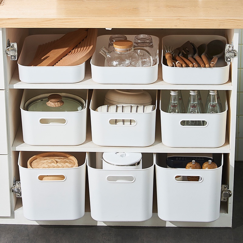 Storage Box Putih Tempat Penyimpanan Dekstop Kotak Bin Pantry Keranjang Serbaguna Dengan Tutup