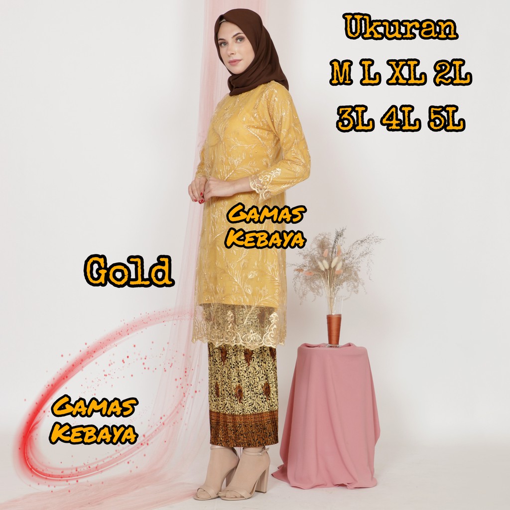 SETELAN KEBAYA TUNIK TILE MUTIARA/KEBAYA MODERN/KEBAYA WISUDA/KEBAYA BRUKAT/KEBAYA JUMBO/BROKAT-Gold