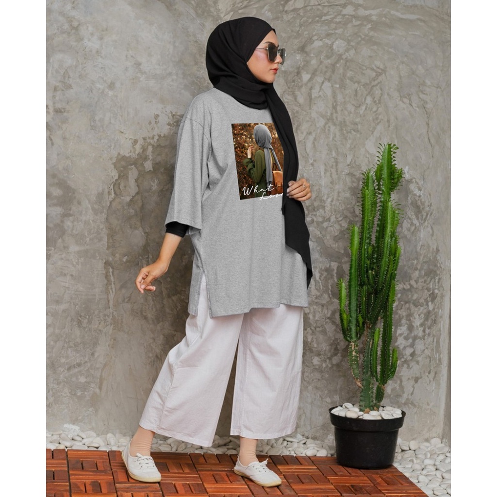 KAOS OVERSIZE TOP HIJAB WANITA BASIC DTF  HIJAB WHAT / OVERSIZE SLIT BLOUSE DIGITAL PRINT