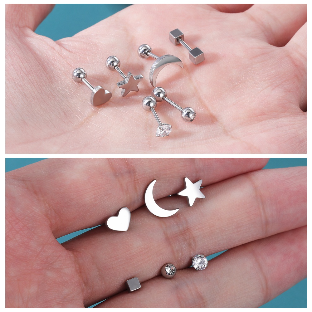 8-22pcs / Lot Anting Stud Kristal Bentuk Hati Bulan Bahan Stainless Steel Untuk Tindik Tulang Rawan