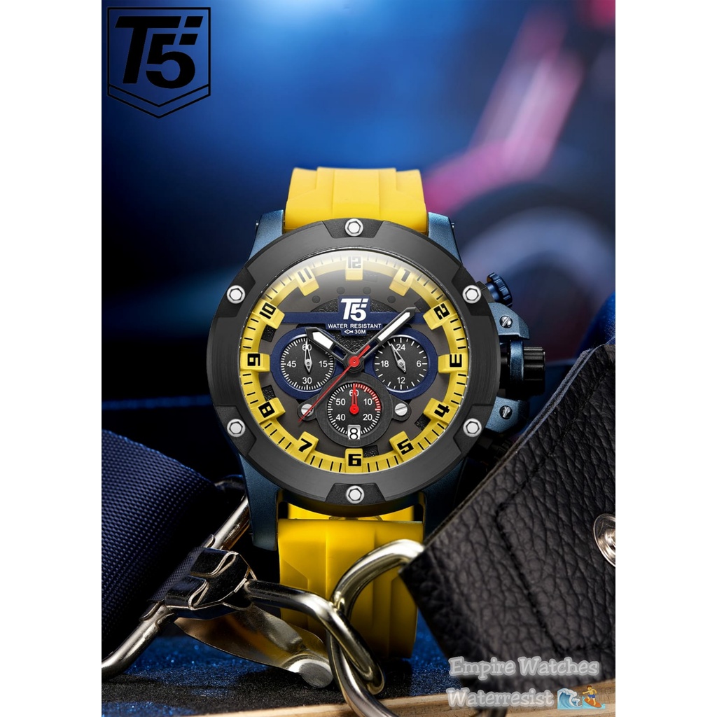 Jam Tangan T5 H3913G H3913 3913 Pria Cowok Analog Chrono dan Tanggal Aktif Strap Rubber Kualitas Ori