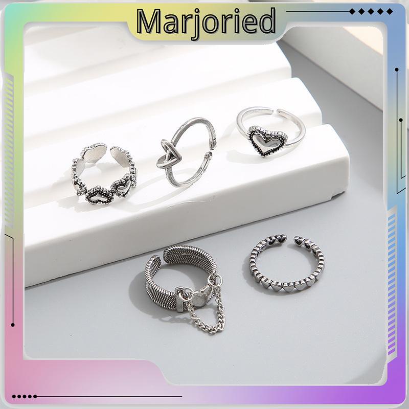 5pcs / Set Cincin Jari Telunjuk Model Terbuka Desain Hati Hollow Gaya Retro-MJD
